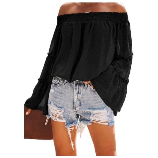 MQYXGS donna con spalle scoperte manica a campana swiss dot top svasato camicetta allentata casual tinta unita con spalle scoperte camicia a maniche lunghe con volant in chiffon t-shirt (h-verde 1/xxl)