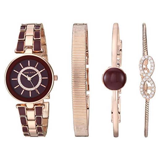 Anne Klein - set con orologio da polso da donna impreziosito da cristalli di alta qualità e bracciale, ak/3287, borgogna/oro rosa
