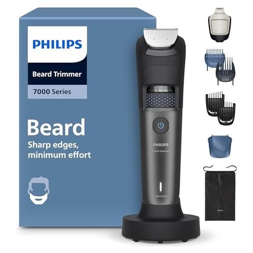 Philips regolabarba Philips serie 7000 - lame in metallo autoaffilanti, 40 impostazioni di lunghezza, tecnologia beard. Sense, raccoglitore peli, impermeabile, supporto ricarica, custodia morbida, bt7660/15