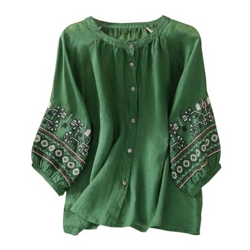 Generisch camicia da donna boho ricamata in lino di cotone vintage, maniche lunghe, con parte anteriore monopetto, colore: rosso, 3xl