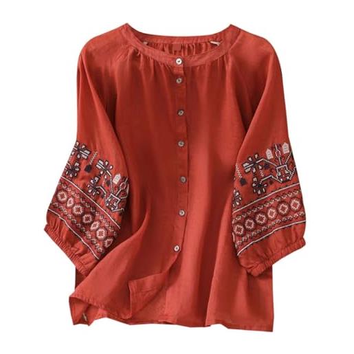 Generisch camicia da donna boho ricamata in lino di cotone vintage, maniche lunghe, con parte anteriore monopetto, verde, 3xl