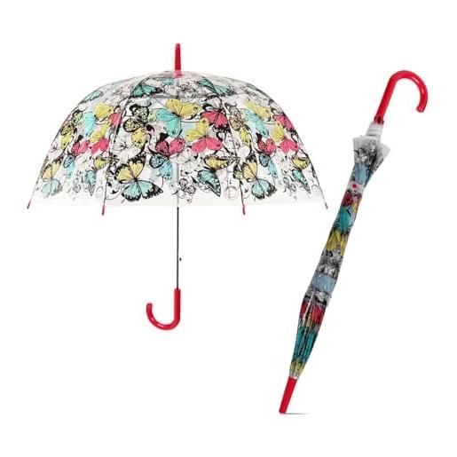 Le Monde du Parapluie - ombrello dritto campana trasparente - design farfalla, rosso, classic
