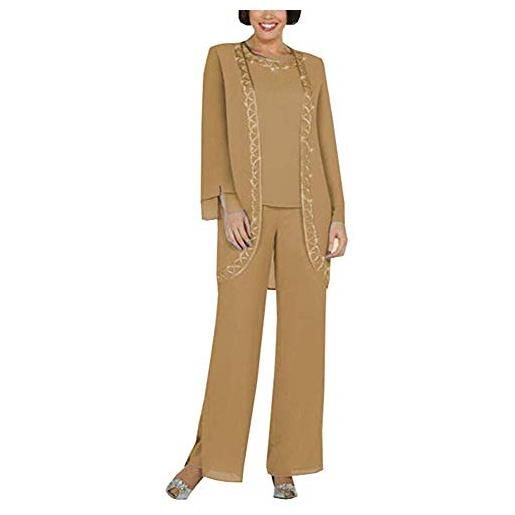 Leader of the Beauty - completo da donna in chiffon, 3 pezzi, con pantaloni, taglie forti, per madre della sposa, vestito formale con giacca a maniche lunghe marrone taglia 52