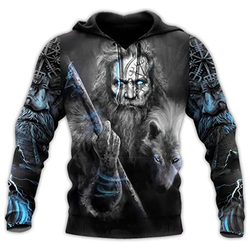 ENLACHIC Felpa Con Cappuccio Uomo Con Stampa 3D Tatuaggio Vichingo E Lupo Fenrir - Taglie Dalla S Alla 5XL