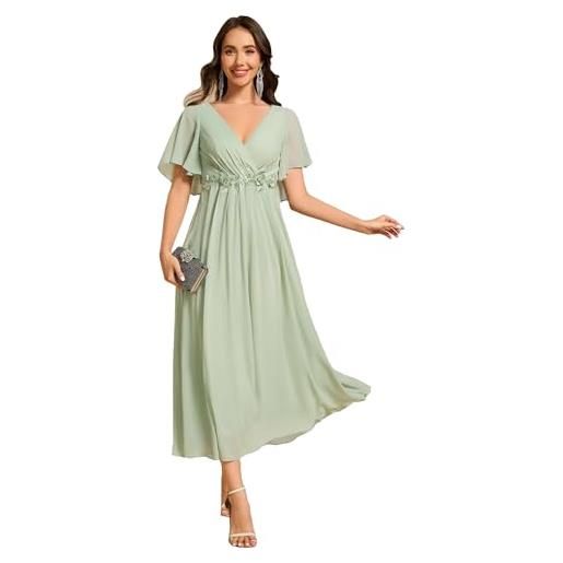 Ever-Pretty vestito donna elegante abito cerimonia donna con applique e collo v midi maniche a volant chiffon stile impero menta verde 42