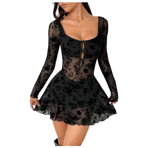 SweatyRocks abito gotico, da donna, sexy, in rete, a maniche lunghe, trasparente, con schiena scoperta, per feste, in pizzo, nero , xs