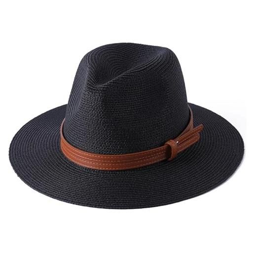 EXKURPOO cappello di paglia cappello estivo da spiaggia a tesa larga da donna e uomo, con forma morbida, 56-58-59-60 cm(black 1,56-58cm)