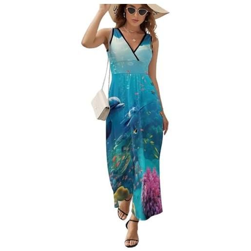 Generic abito lungo con scollo a v e pesci tropicali, barriera corallina in acque profonde, abito lungo senza maniche, vita alta, casual, lungo fino alla caviglia, stile: , s