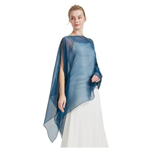 BEAUTELICATE stola elegante donna cerimonia elegante trasparente crepe coprispalle leggera poncho cape per matrimonio abito da sera, blu ottanio