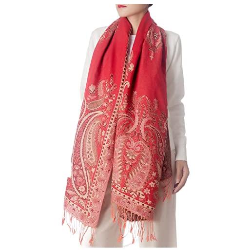 iB-iP donna sciarpa leggera ricamata con fiori e nappe, taglia: taglia unica, rosso
