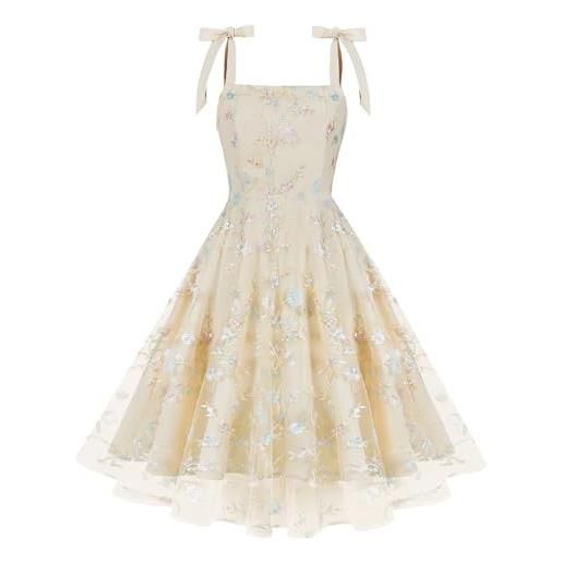 Odizli rockabilly, abito da donna, vintage, elegante, estivo, con spalline sottili e fiori, ricamo, linea ad a, in tulle, albicocca, l