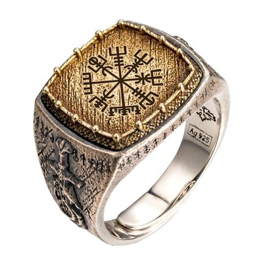 ForFox anello vegvisir bussola vichinga anello rune vichinghe e drago e spada in argento sterling 925 bicolore gioielli nordici per uomo taglia 27 regolabile