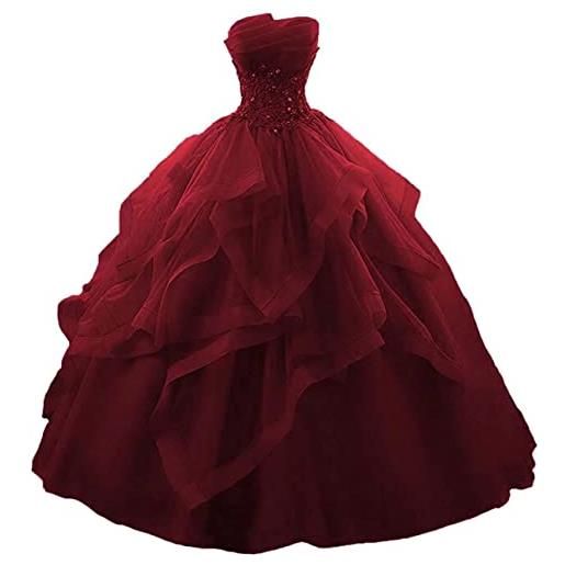 WSEYU abito da ballo lungo con ruches quinceanera abiti senza spalline in pizzo, tulle con perline, abito da principessa da sera, blu cielo, 44