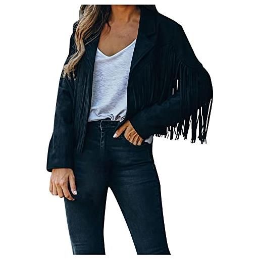 OBiQuzz giacca da motociclista da donna, in pelle, corta, in similpelle, con frange, sottile, con frange, da cowboy, nero , l