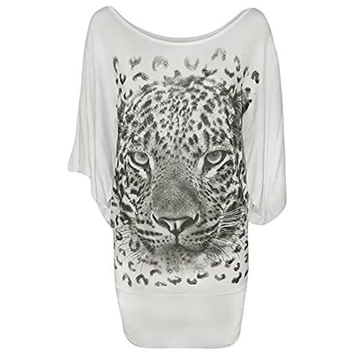 FASHIONISM maglietta da donna con maniche a pipistrello, con stampa con faccia di tigre glitterata, scollo rotondo, top largo, camicetta taglie forti, bianco, 22-24