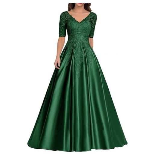 Mifeiwukawa appliques in pizzo madre della sposa abiti in raso v-collo abito da sera formale lungo a-line prom dress, blu polvere. , 50