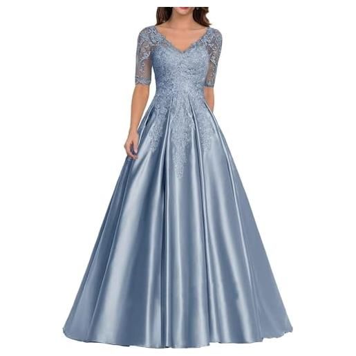 Mifeiwukawa abito da sera formale per madre della sposa con applicazioni in pizzo, in raso, con scollo a v, abito lungo a linea a da sera, verde, 50