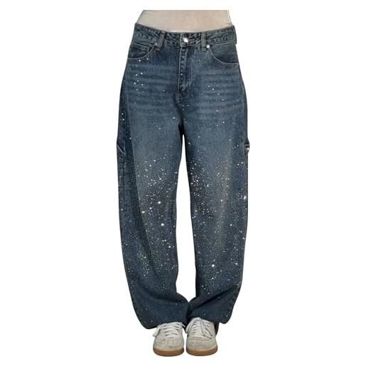Generico jeans donna vita alta con strass larghi, pantalone brillantini curvy pantaloni denim baggy pantaloni glitter casual pantalone elasticizzati jeans lucidi dritti a gamba larga 2025 primavera moda