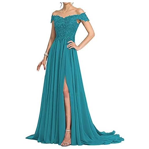 N/ C madre della sposa abiti da sposa applique in pizzo perline fuori spalla spaccato lungo formale abiti da sera, turchese, 52