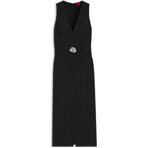 HUGO vestito gessato luccicante con cintura con fiore di strass, nero a motivi