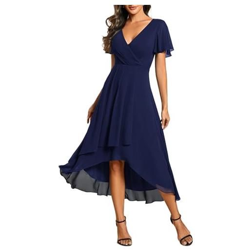 Ever-Pretty abito da ospite scollo a v maniche a volant gonna a trapezio abiti cerimonia donna eleganti blu navy 46
