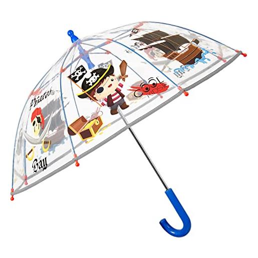 PERLETTI ombrello bambini trasparente 3 4 5 anni - ombrello pioggia lungo bambino bambina a cupola antivento - ombrellino bimbo asilo resistente con apertura di sicurezza - diametro 64 cm (pirata)