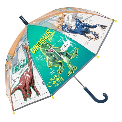 PERLETTI ombrello trasparente bambino 3 4 5 anni - ombrello pioggia lungo bambini a cupola antivento - ombrellino bimbo asilo resistente con apertura manuale di sicurezza - diametro 69 cm (dinosauri)