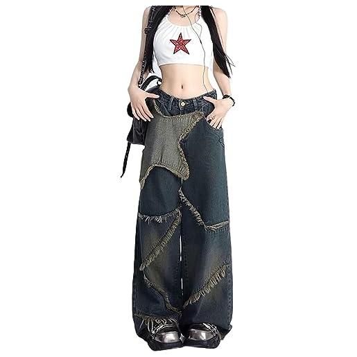 Sumleno y2k baggy jeans star patch gamba larga denim pantaloni alt emo 90s grunge estetica streetwear vintage harajuku y2k abbigliamento, o, m
