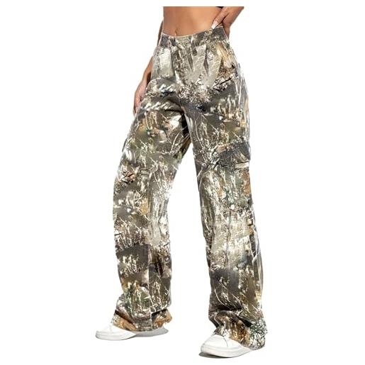 BTFONIA pantaloni cargo mimetici da donna, a vita alta, larghi, a gamba larga, mimetici, militari, pantaloni da jogging, vestibilità slim, con tasca(xl)