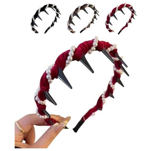 Generico vintage high cranium artificial pearl hairband, 2025 new elegant non slip pearl headbands, headband zig zag, bridal hair hoop party wedding hair accessories for women and girls (red)