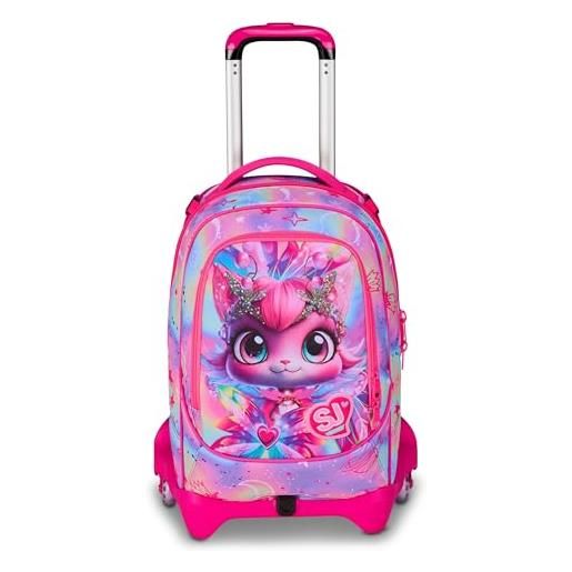 SJ GANG STYLE JAM GANG trolley scuola jack 3 ruote cat led, fucsia, 3 in 1, zaino triplo uso con carrello sganciabile, 33 l, zaino scuola elementare, zaino bambina