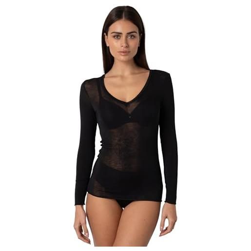 Lovable maglia manica lunga scollo a v profondo e finiture invisibili | modal e cashmere elasticizzato |traspirante e morbida | maglieria donna, nero, s