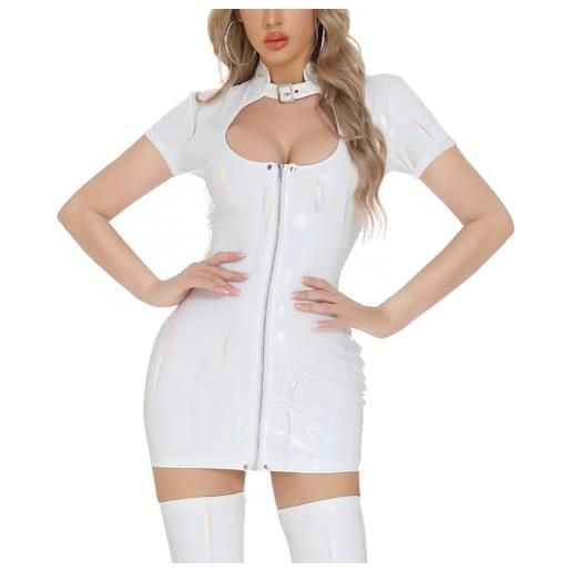 Maeau - abito da donna in pu lucido effetto aderente aderente a maniche corte catsuit in pelle verniciata clubbing xs-l, bianco, l