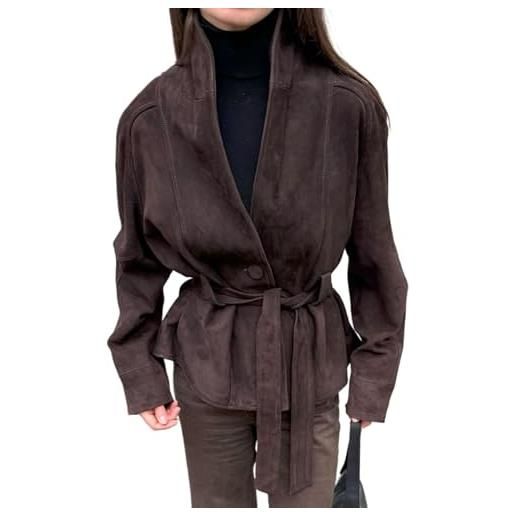 Yancremio moda retrò da donna classico risvolto bottone camoscio giacca a maniche lunghe primavera e autunno elegante business casual cappotto corto con cintura (marrone, s)