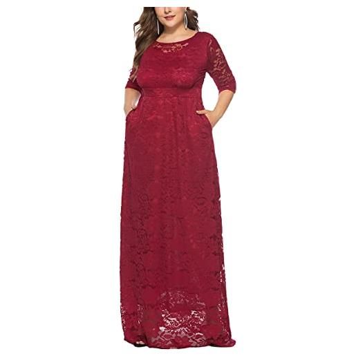 ORANDESIGNE abiti in pizzo plus size donna vestito lungo midi abito maniche a 3/4 girocollo vestito da sera maxi abito con tasche taglie forti cerimonia cocktail partito festa b nero xl
