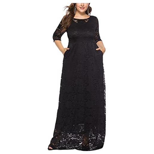 ORANDESIGNE abiti in pizzo plus size donna vestito lungo midi abito maniche a 3/4 girocollo vestito da sera maxi abito con tasche taglie forti cerimonia cocktail partito festa b rosso xl