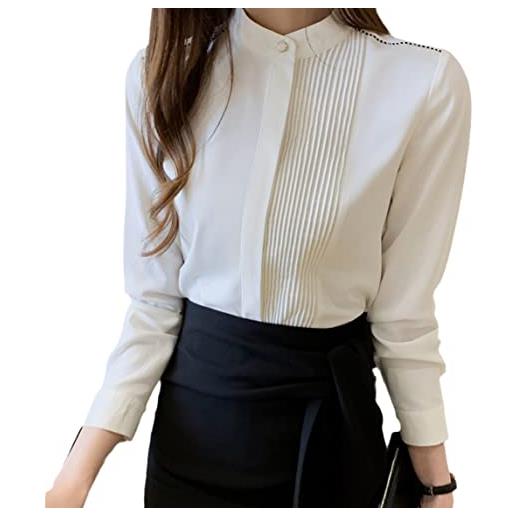 Pulcykp camicetta a maniche lunghe da donna con colletto alla coreana camicia bianca in chiffon, bianco, m