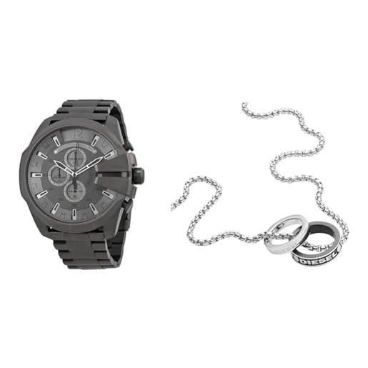 Diesel orologio da uomo mega chief in acciaio inossidabile grigio e collana color argento, set