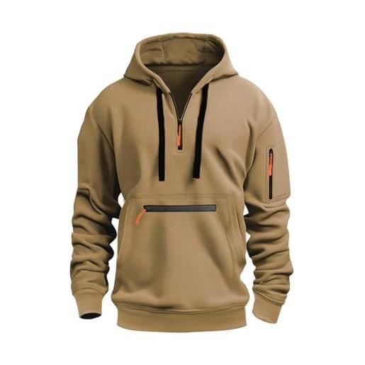 JFAN felpa con cappuccio uomo con tasca e zip casual hoodie in pile pullover maniche lunghe con cappuccio, khaki, xl