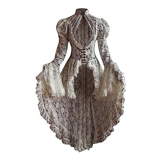SYDUZAX vestito donna elegante vestito cerimonia donna abito bianco a maniche lunghe in pizzo con scollo tondo abito gotico medievale abito da ballo per la festa di nozze vestito halloween donna
