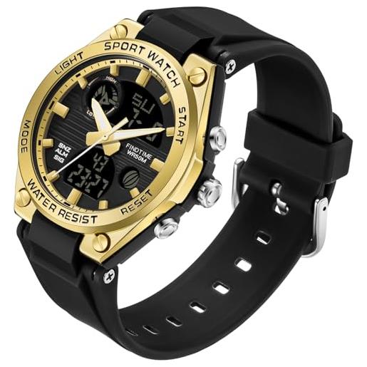 findtime Orologio da polso digitale, cinturino in silicone, orologio sportivo, 5 ATM, impermeabile, con cronometro, data, sveglia, luce per adolescenti, orologi da donna e uomo, Nero , cinghia