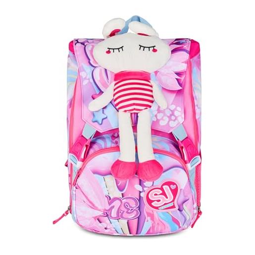 SJ GANG STYLE JAM GANG zaino scuola estensibile big, fucsia, zaino con divisorio interno, tasca superiore peluche, tasca per borraccia, 24 l, zaino scuola elementare, bambina