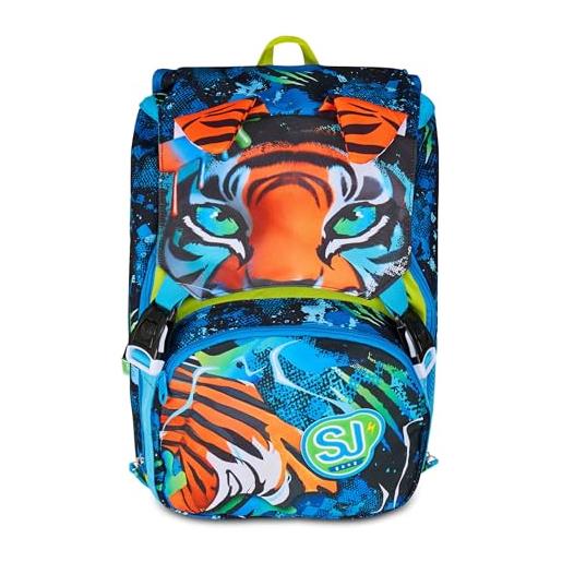 SJ GANG STYLE JAM GANG zaino scuola estensibile big, blu, zaino con divisorio interno, tasca superiore con orecchie in peluche, tasca per borraccia, 24 l, zaino scuola elementare, bambino