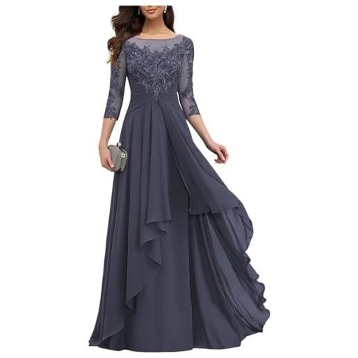 Yiann, abito da sera da donna, con pizzo e applique, stile madre della sposa, con maniche lunghe, in chiffon, elegante, blu stormy, 44