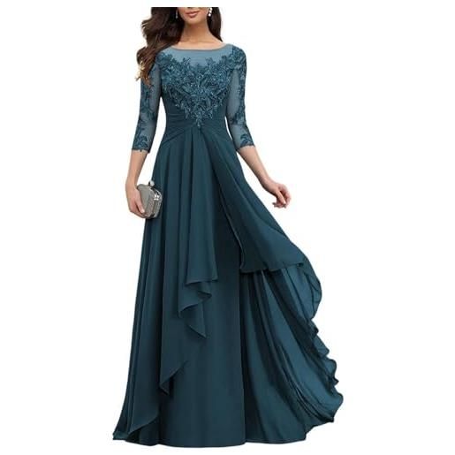 YIANN, abito da sera da donna, con applicazioni in pizzo, per madre della sposa, con maniche, in chiffon lungo, blu navy, elegante, it42