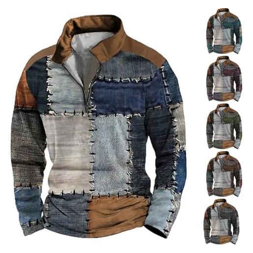 Generic maglione da uomo retrò patchwork maglione vintage patch maglione mezza zip manica lunga maglione autunno 1/4 zip autunno felpa colorata pullover casual hippie top colletto alla coreana pullover senza