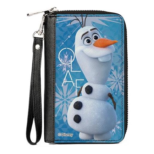 Buckle-Down disney wallet, zip around, frozen olaf smiling pose and text snowflakes blues/white, vegan leather