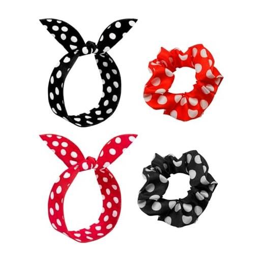 TPZORJX set di 4 fascia donna vintage a pois e scrunchies- per capelli elastico in seta, fascia capelli di regolabile e elastici per capelli a pois per donne ragazze(rosso + nero)