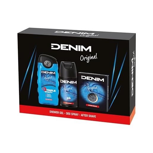 Denim - regalo uomo, after shave dopobarba 100 ml, docciaschiuma 250 ml e deodorante spray 150 ml, fragranza original, azione lenitiva ed emolliente