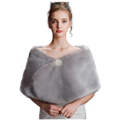 Anglacesmade - coprispalle da sposa in pelliccia sintetica con spilla per feste serali grigio taglia unica